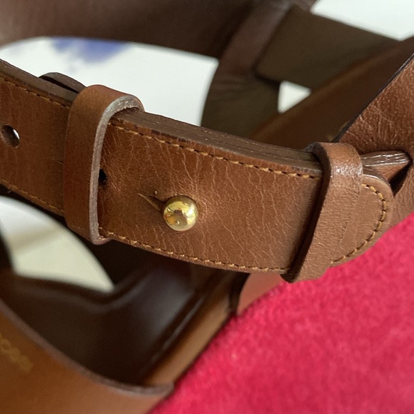 NEW SERGIO ROSSI Brown Leather & Berry Suede Platform Wedge Sandals Size 38 1/2 - Picture 11 of 17